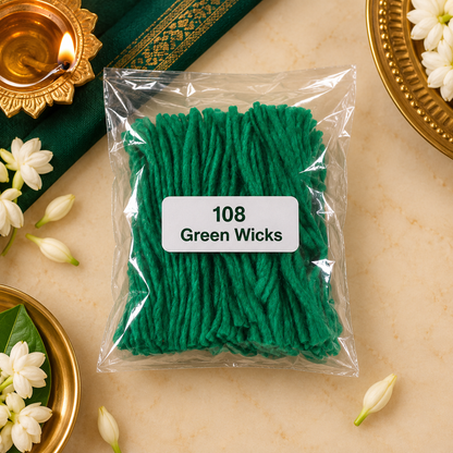 Green Cotton Wicks – 108 Pieces Kubera Thiri